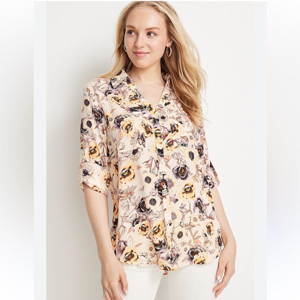 maurices XL Winona Ivory Gold Orange Purple Long Sleeve Button Floral Blouse